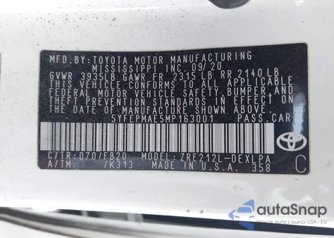 2021 Toyota Corolla Le из США, поврежденный, VIN 5YFEPMAE5MP163001